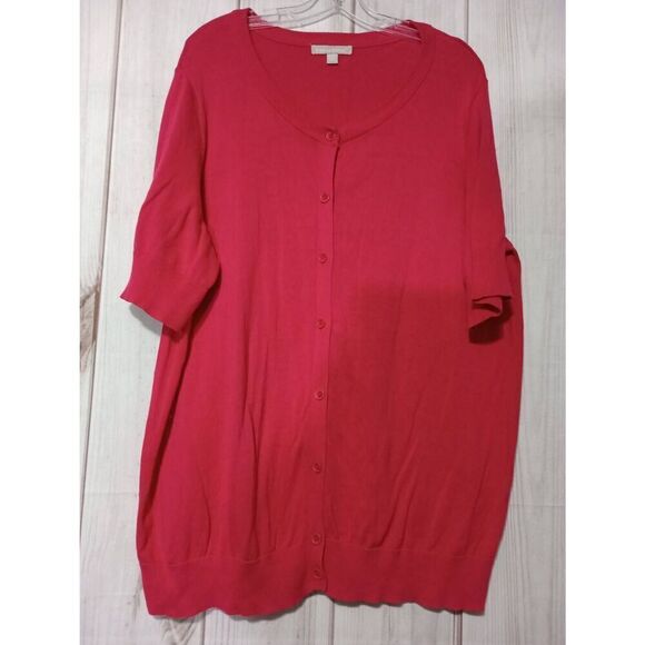 Woman Within Sweater Ladies 1x Pink Cardigan Short Sleeve Barbie - Picture 1 of 6